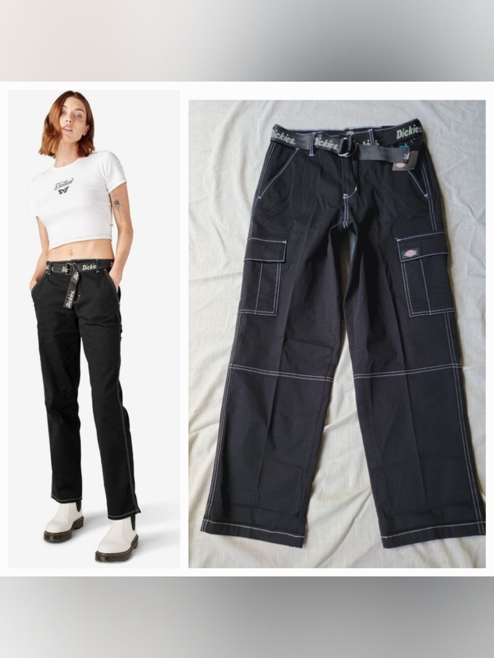 Dickies Black Cargo Pants White Contrast Stitching 90s Y2k Skater Styley Nwt 28